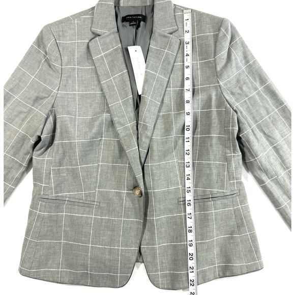 Ann Taylor Women’s Size 4 Linen Blend Gray Windowpane Plaid One Button Blazer - Picture 2 of 8